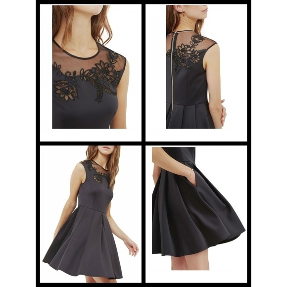 💕TED BAKER💕 Black Embroidered Mesh Skater Dress - Picture 3 of 8